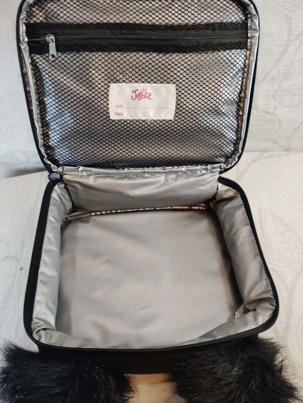 Justice Silver Sequin Panda Kids Lunch Tote Bag with Black Fur Ears